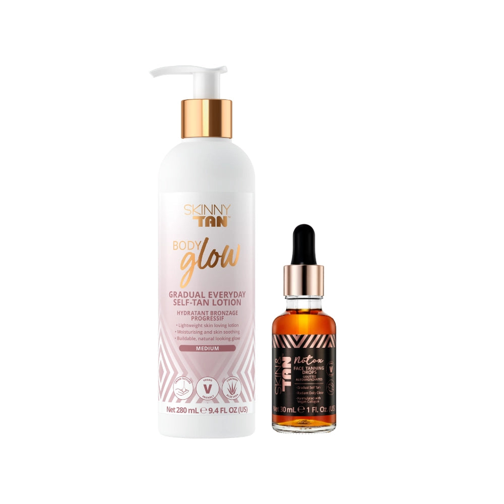 Skinny Tan Gradual Glow Bundle Product Image including Body Glow gradual Tanner and Notox Tanning Drops