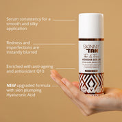 Skinny Tan Wonder Serum Why you'll love me: Serum consistency for a smooth and silky application, redness and imperfections are instantly blurred, enriched with anti-ageing and antioxidant Q10, New upgraded formula with skin plumping Hyaluronic Acid