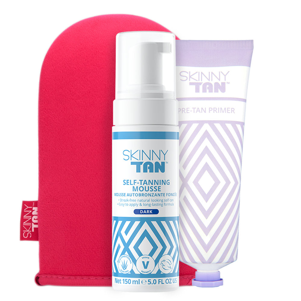 Self-tanning body mousse, pre-tan primer and dual tanning mitt bundle all in skinny tan packaging