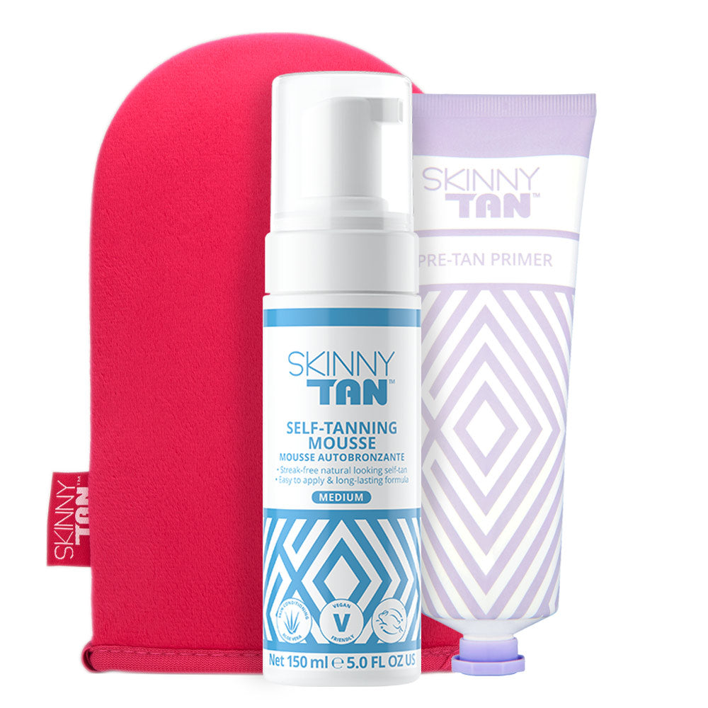 Self-tanning body mousse, pre-tan primer and dual tanning mitt bundle all in skinny tan packaging